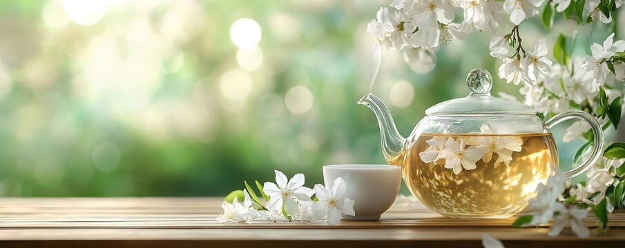 set of glass teapot with jasmine tea and cup on flower green bokeh background, spring drink concept with blossom, herbal tasty teatime, international world tea day