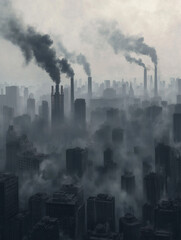 Verrauchte Skyline einer Industriestadt im Morgennebel

