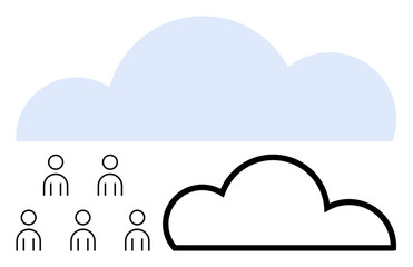 Two clouds, one blue and one outlined in black, above six simple human figures in black. Ideal for themes of connectivity, communication, social interaction, community, data sharing, technology