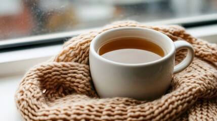 A cozy cup of hot tea wrapped in a knitted scarf on a windowsill.