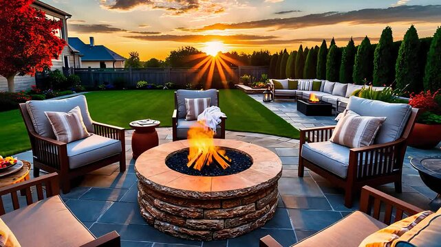 Luxury Backyard Patio with Fire Pit at Sunset

