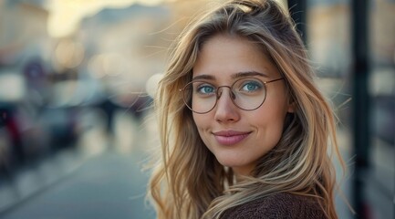 Obraz premium Smiling young woman with long blonde hair and glasses, standing outdoors in soft daylight, exuding warmth and approachability