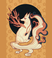 Cheng Huang - mythological chinese creatures, fox with horns on the back, folklore, fantasy, mythology, tattoo design