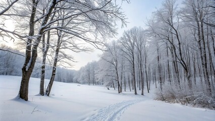 Fototapeta premium A snow-covered forest with bare trees and white snow, natural beauty, wintery scenery, winter silence, bare trees, frozen rivers