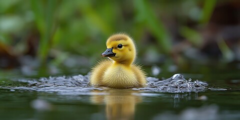 Obraz premium A fluffy yellow duckling paddles through a serene pond, creating gentle ripples in the water, surrounded by a backdrop of blurred green foliage