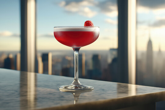 A photo of a Clover Club cocktail with a raspberry on a modern stone bar table and background in a high class city lounge.