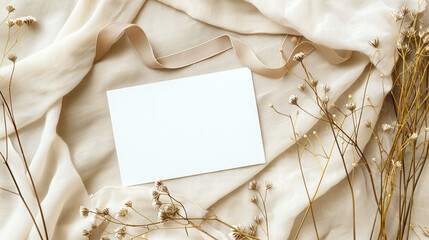 Photo of a blank white card mockup on top of a beige cloth