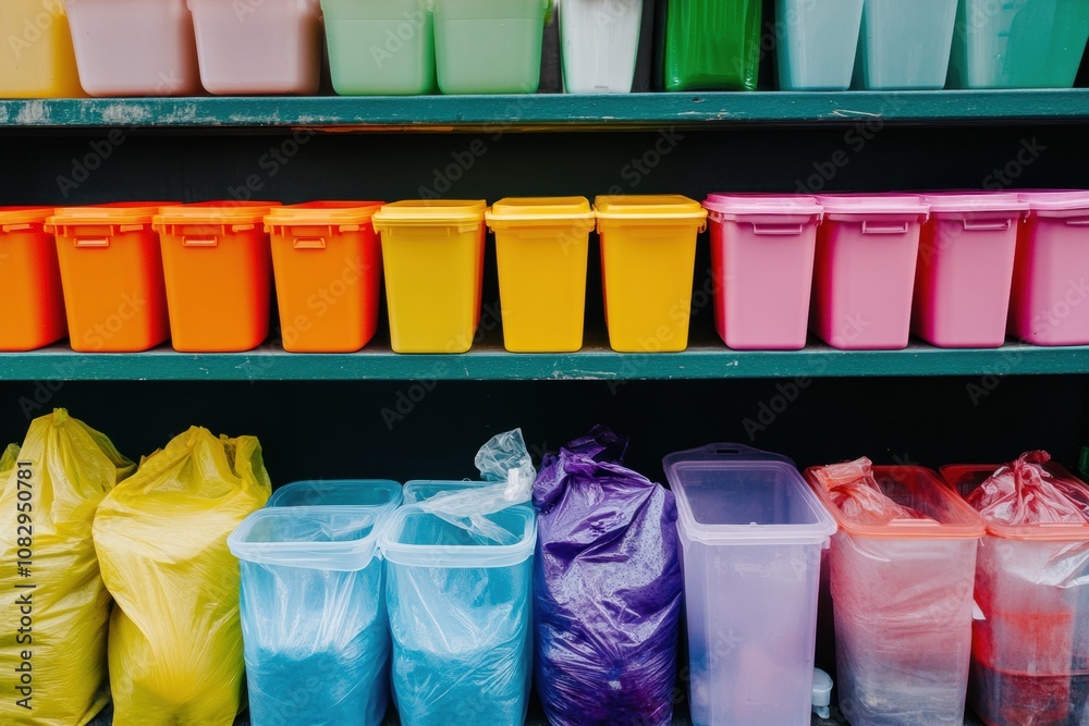 Aufkleber Brightly colored reusable containers stand out against an array of single-use plastic bags and cups, highlighting waste reduction efforts. Generative AI