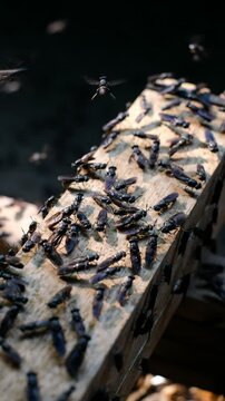 Mature Black Soldier Flies (Hermetia illucens) on wooden shelves provided for laying eggs at an insect farm