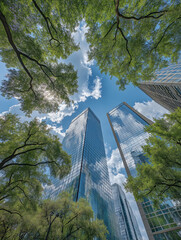 Hochhäuser zwischen Bäumen unter einem blauen Himmel

