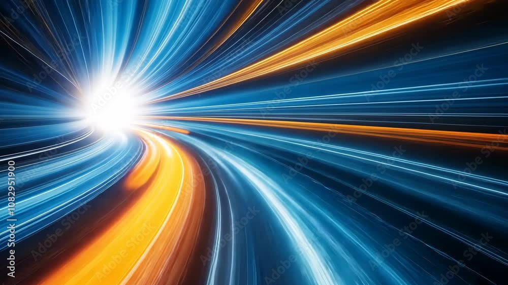 Wall mural a bright, white light shines through a tunnel of blue and orange streaks, creating a dynamic visual 