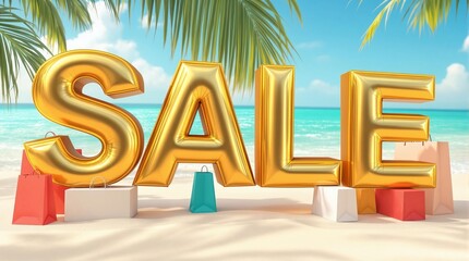 Obraz premium Sunny beach sale: vibrant golden letters and shopping bags on tropical island