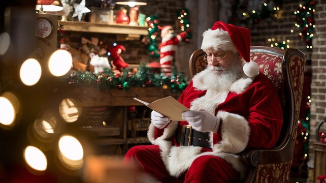 Santa's Workshop: A heartwarming image of Santa Claus reading a letter in his cozy workshop, surrounded by festive decorations and the magic of Christmas.