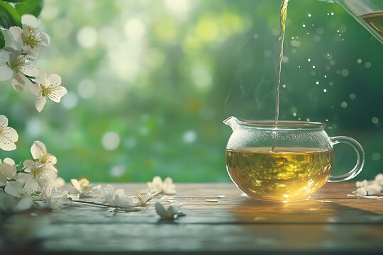 glass teapot pouring jasmine tea into cup on flower green bokeh background, spring drink concept with blossom, herbal tasty teatime, international world tea day