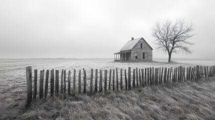 A lone, weathered farmhouse stands amid vast, frosty fields under a cloudy sky, framed by an aged tree and rustic wooden fence in a serene rural landscape