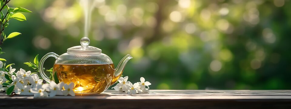 glass teapot with jasmine tea on flower sunny green bokeh background, spring drink concept with blossom, herbal tasty teatime, international world tea day