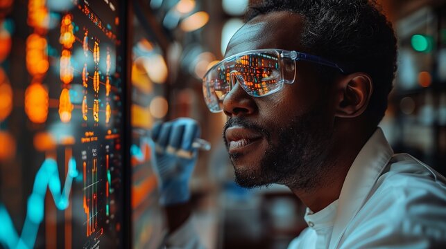 Scientist analyzing complex biological data on a computer screen in a modern lab environment focusing on biotechnology