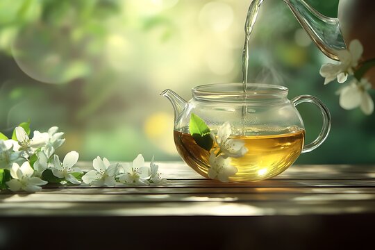 glass teapot pouring jasmine tea into cup on flower green bokeh background, spring drink concept with blossom, herbal tasty teatime, international world tea day