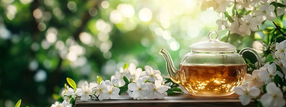 glass teapot with jasmine tea on flower sunny green bokeh background, spring drink concept with blossom, herbal tasty teatime, international world tea day