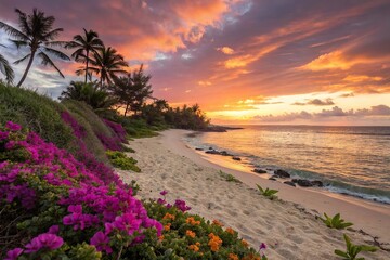 A stunning tropical beach scene with a dramatic sunset over the ocean and a variety of colorful beach flowers blooming in the sand, ocean, sandy, calm