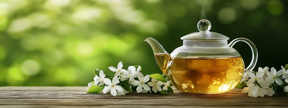glass teapot with jasmine tea on flower sunny green bokeh background, spring drink concept with blossom, herbal tasty teatime, international world tea day