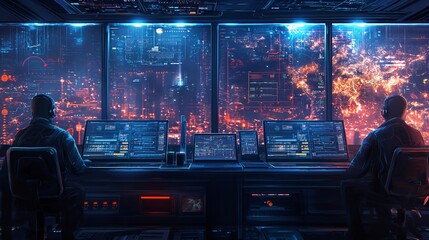 Two people monitoring a futuristic virtual simulation on multiple screens in a dark, high-tech command center environment