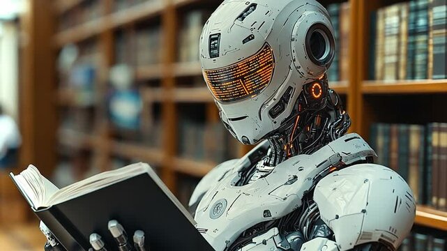 A humanoid robot reading a book in a quiet library filled with bookshelves and knowledge