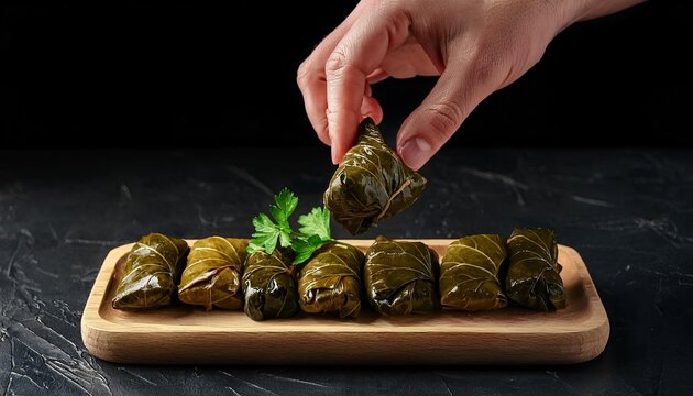 Hand holding a dolma on a black background