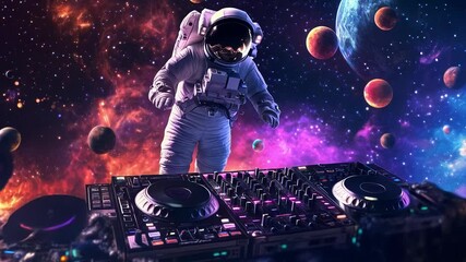 Intergalactic dj party futuristic astronaut spinning tracks on dj console. Under starry sky surreal blend of space exploration and electronic music culture. Celebration International Day Cosmonautics.