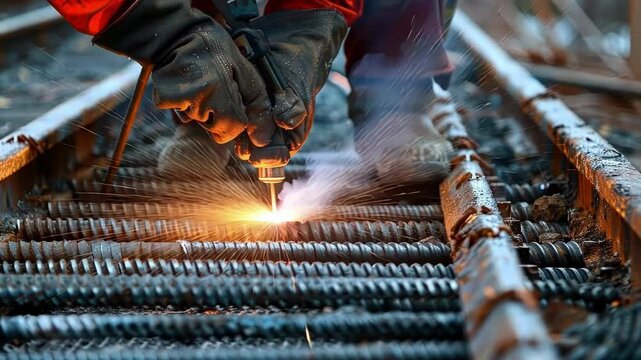 A worker is welding additional steel bars onto the existing structure adding extra reinforcement to withstand the force of potential floods.