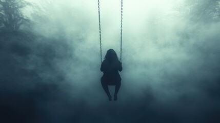 Mysterious silhouette of a person sitting on a swing surrounded by foggy and misty atmosphere in a dark, shadowy, and atmospheric outdoor setting