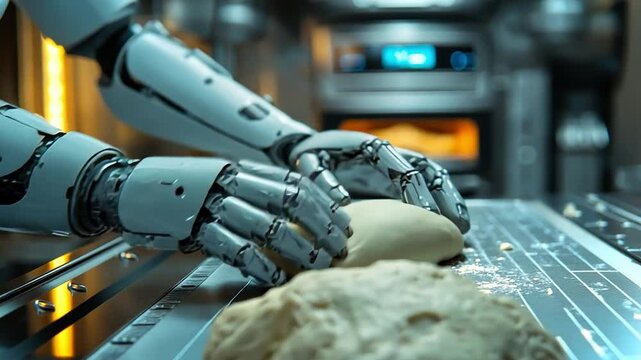 A robotic hand expertly kneads dough in a modern kitchen setting during a cooking demonstration