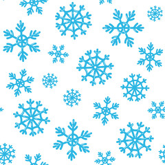 Snowflakes pattern. Vector seamless background with cute snow flakes. Snowfall repeat illustration. Blue and white winter ornament