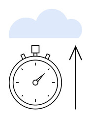Stopwatch and upward arrow pointing to a cloud, signifying speed and efficiency in cloud computing. Ideal for productivity, cloud storage, data transfer, technology, internet speed, project
