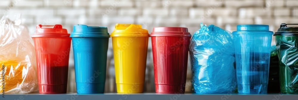 Poster A display of reusable containers positioned next to a variety of single-use plastic bags and cups, emphasizing waste issues. Generative AI