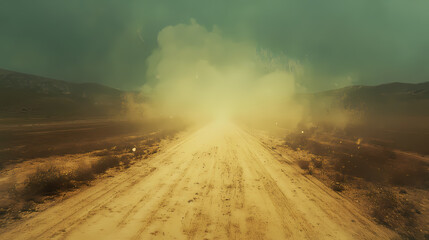 A dusty road in an open field, with intense heat causing the mirage effect, making the road ahead appear blurry and distorted. Mirage. Illustration