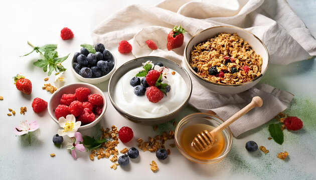 A nutritious breakfast bowl filled with granola, yogurt, fresh strawberries, blueberries, raspberries, and a drizzle of honey. A perfect choice for a healthy start to the day
