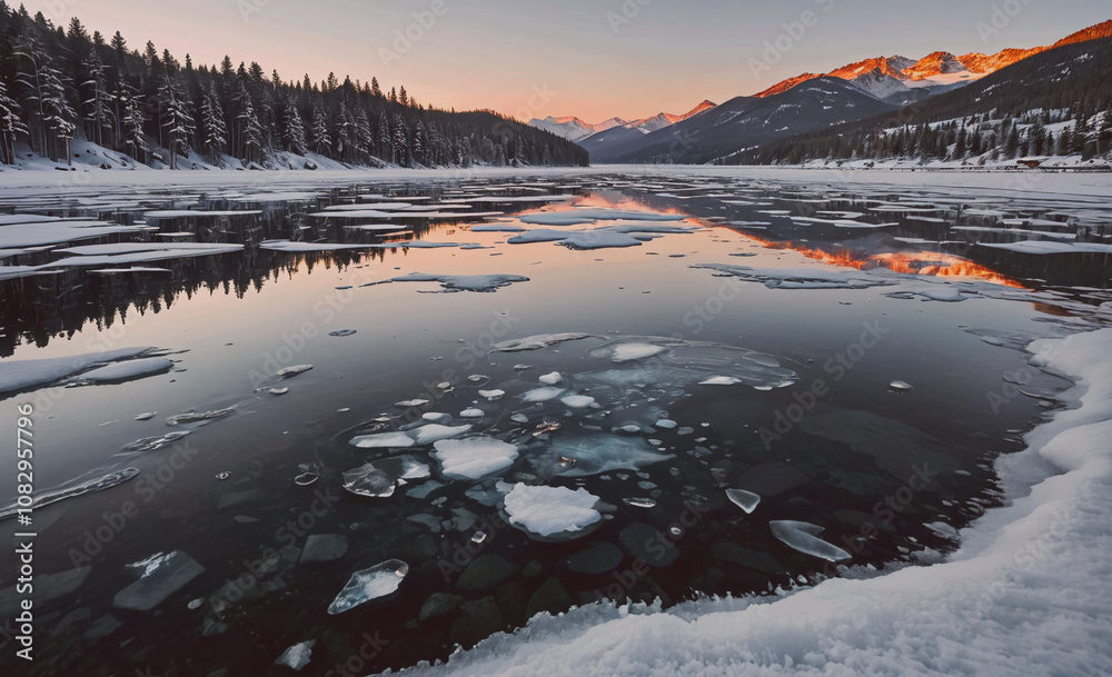 Poster frozen lake with a reflection of the mountains in the water