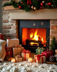 feu de cheminée devant lequel des cadeaux de Noël er des décorations de Noël sont disposées