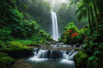 Lush jungle waterfall cascading into mossy pool.