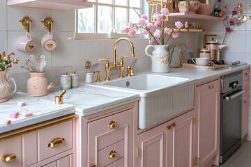 interior of a trendy pink kitchen. close up elements of modern kitchen shelves, sink. AI Generated.