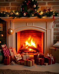 feu de cheminée devant lequel des cadeaux de Noël er des décorations de Noël sont disposées