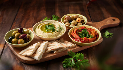 A delicious Mediterranean appetizer platter featuring creamy hummus, vibrant red pepper dip, assorted fresh olives, and warm pita bread, perfect for sharing and enjoying as a healthy snack or starter.