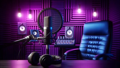 The sound recording studio showcases a professional microphone against a vibrant purple background making it a perfect backdrop for a podcast or recording studio,