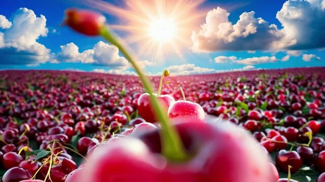 A bunch of red cherries are on a field with a sun shining on them. The cherries are surrounded by other cherries and the sun is shining brightly on them