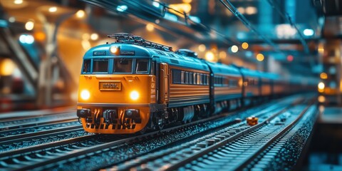 Fototapeta premium A detailed model train captured on a sprawling railway track with vibrant lighting in a miniature urban setting that mimics real-life locomotives and urban transport scenes