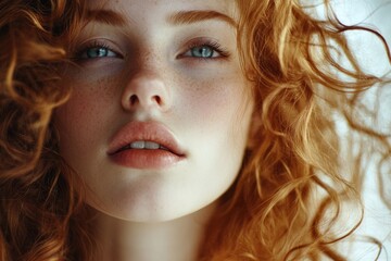 Naklejka premium Stunning Portrait of a Girl with Lush, Curly Locks and Exquisite Make-Up Enhancing Her Beauty