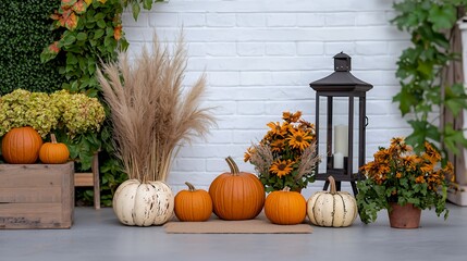Fall pumpkins, flowers, and lantern decor in front of a white brick wall.