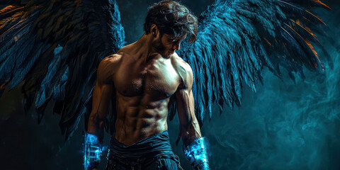 A muscular man with a blue winged angel on his back