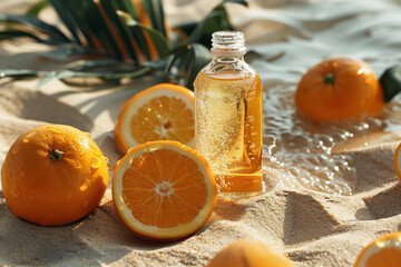 bottle with orange lotion, shampoo and oranges lying on the sand beach. trendy product shot. cosmetics products. wellness, spa products wit vitamin C. AI Generated